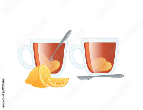 Hot tea with lemon in glass cup with spoon tea for home remedies treatment against cold disease vector illustration on white background