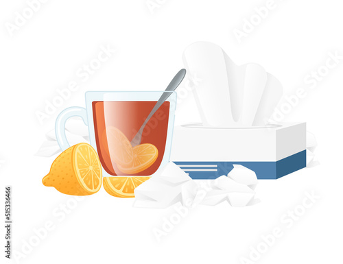 Hot tea with lemon in glass cup with spoon tea for home remedies treatment against cold disease vector illustration on white background