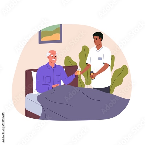 Caregiver caring about elderly man, lying in bed. Social worker help old senior person with drink. Nurse assistance, support for aged patient. Flat vector illustration isolated on white background