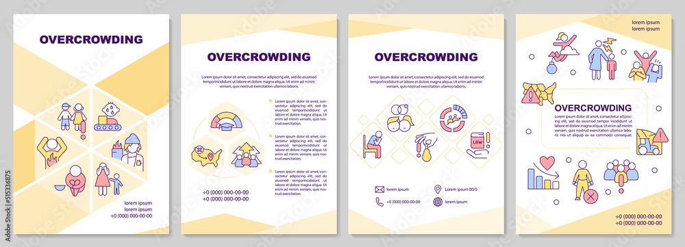 Overcrowding yellow brochure template. Population growth issue. Leaflet design with linear icons. Editable 4 vector layouts for presentation, annual reports. Arial-Black, Myriad Pro-Regular fonts used Overcrowding yellow brochure template. Population growth issue. Leaflet design with linear icons. Editable 4 vector layouts for presentation, annual reports. Arial-Black, Myriad Pro-Regular fonts used