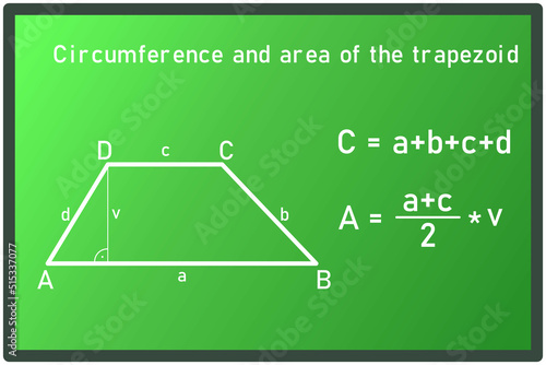 Graphic representation of perimeter and area of trapezoid with equation on green board