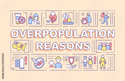 Overpopulation reasons word concepts orange banner. Population growth. Infographics with editable icons on color background. Isolated typography. Vector illustration with text. Arial-Black font used