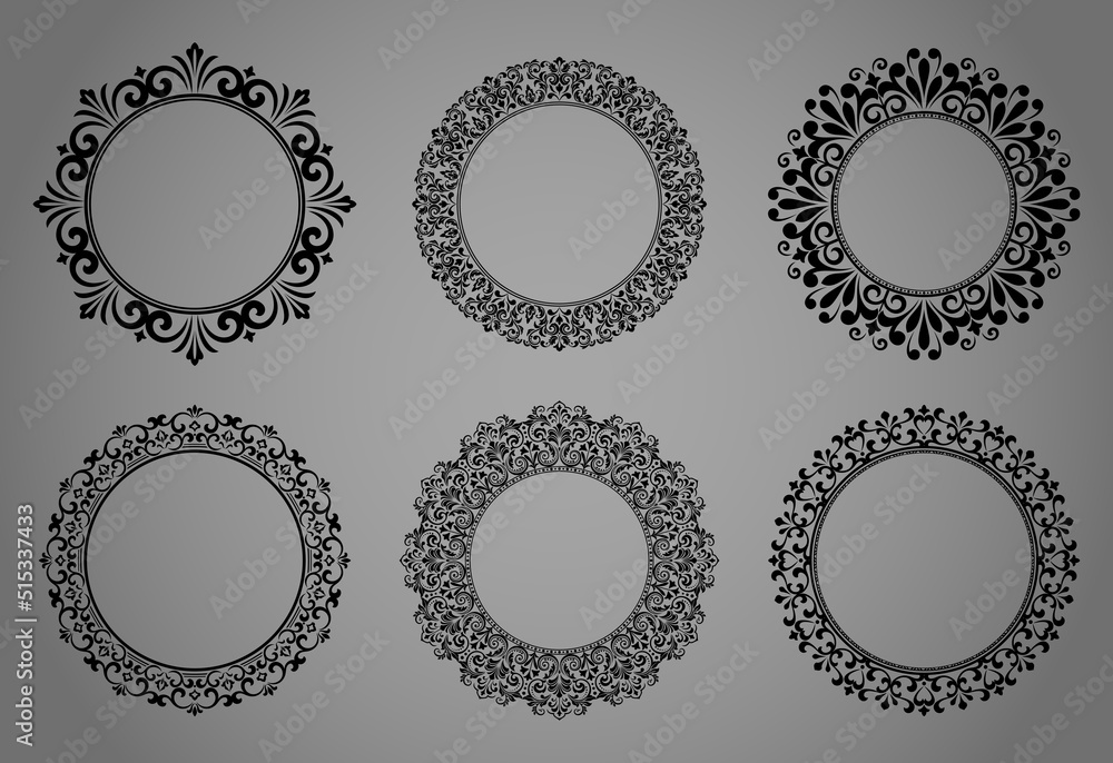 Set of decorative frames Elegant vector element for design in Eastern style, place for text. Floral black and gray borders. Lace illustration for invitations and greeting cards