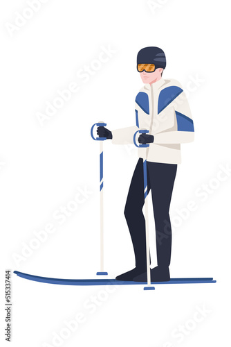 Male skier standing still with blue ski and sticks and winter jacket cartoon character design vector illustration on white background