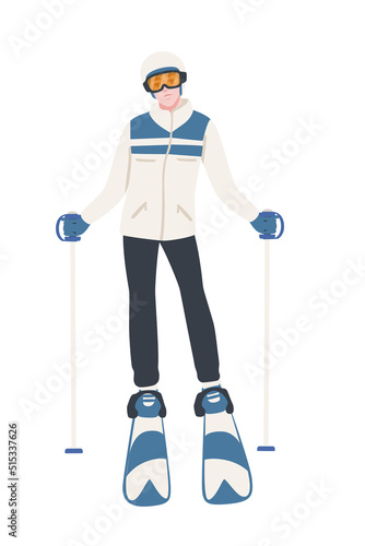 Male skier standing still with blue ski and sticks and winter jacket cartoon character design vector illustration on white background