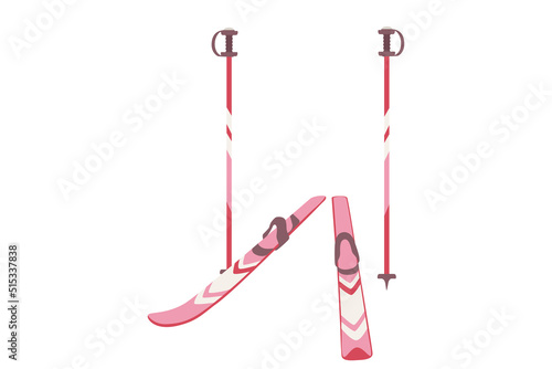 Pink mountain ski and sticks set for snowy sport and weekend vector illustration isolated on white background