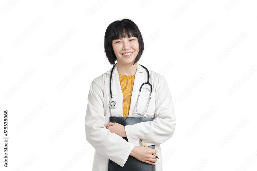 Young asian female doctor smiling and looking at camera, isolated on white background. Young asian female doctor smiling and looking at camera, isolated on white background.