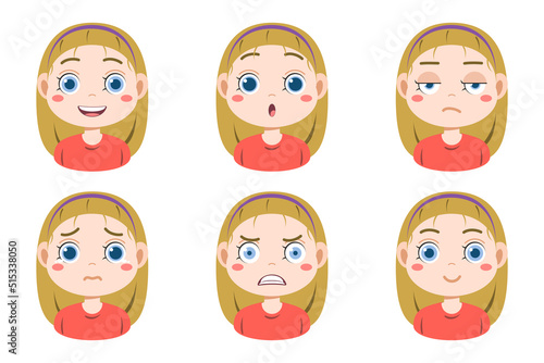 Collection of face expressions cute children cartoon character design. Different emotions girl Vector illustration. Face of smiling, crying, anger, surprise, indifferent isolated on white background.