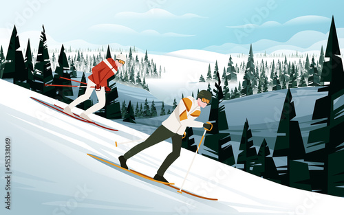 A skier is speeding down a mountain on a ski vector illustration with snowy mountain with evergreen forest landscape