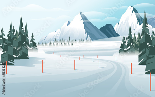 Prepared track or route for winter sports vector illustration with snowy mountain with evergreen forest landscape