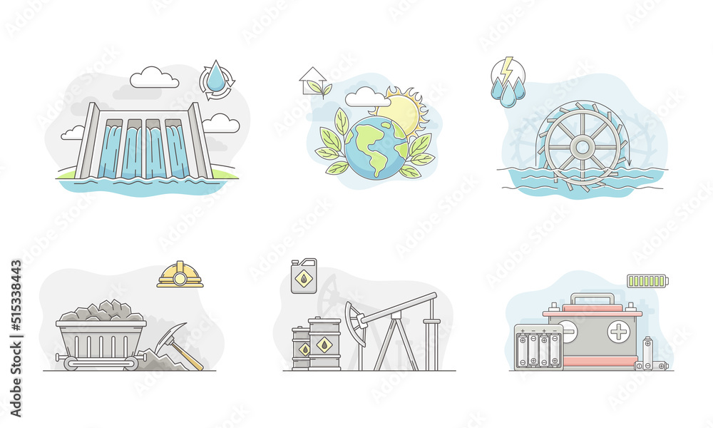 Obraz premium Power generation resources set. Electric energy generation stations vector illustration