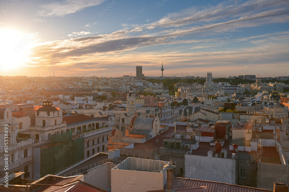 Beautiful summer sunrise over the most important landmarks of Madrid, Spain, aerial view from above.