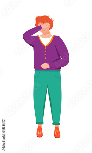 Depressed teenager with aches in stomach semi flat color vector character. Standing figure. Full body person on white. Simple cartoon style illustration for web graphic design and animation