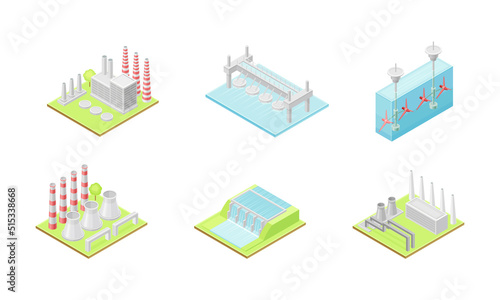 Power stations set. Renewable green energy production vector illustration