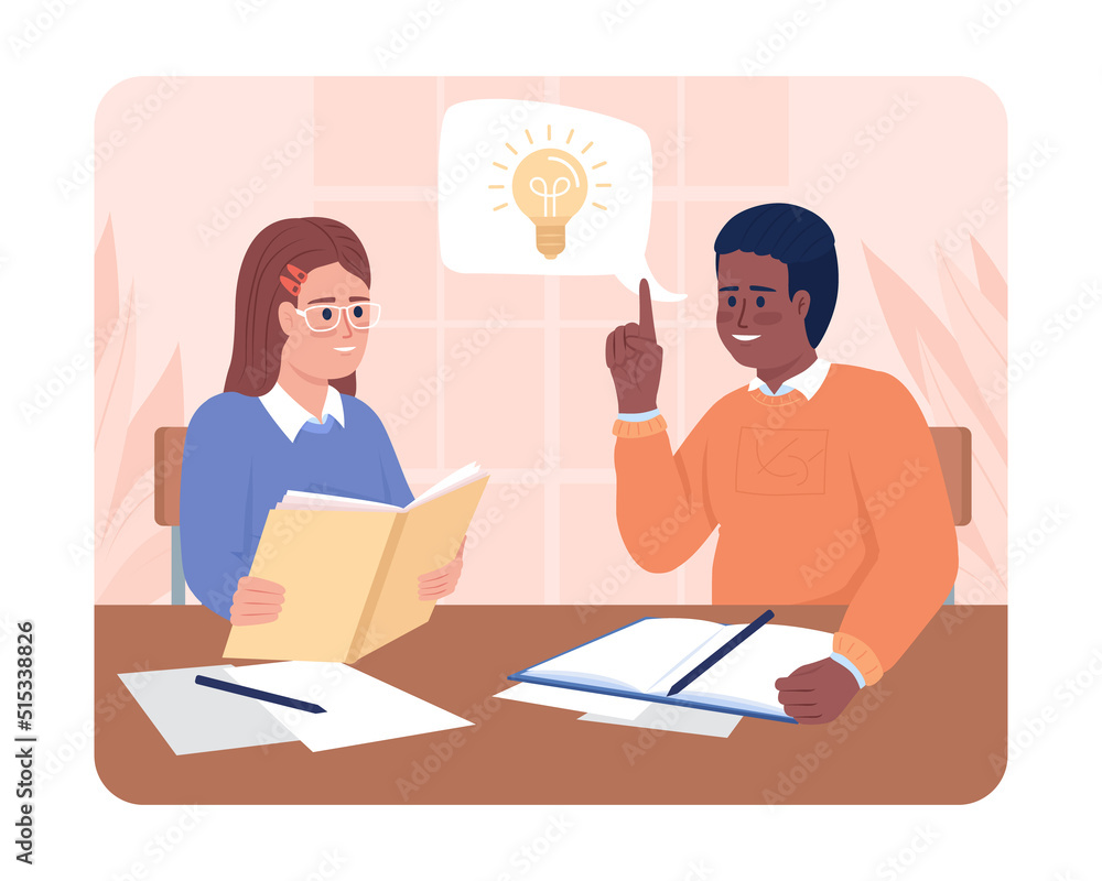 Came up with idea about group project 2D vector isolated illustration. Students exchanging thoughts flat characters on cartoon background. Colourful editable scene for mobile, website, presentation Came up with idea about group project 2D vector isolated illustration. Students exchanging thoughts flat characters on cartoon background. Colourful editable scene for mobile, website, presentation