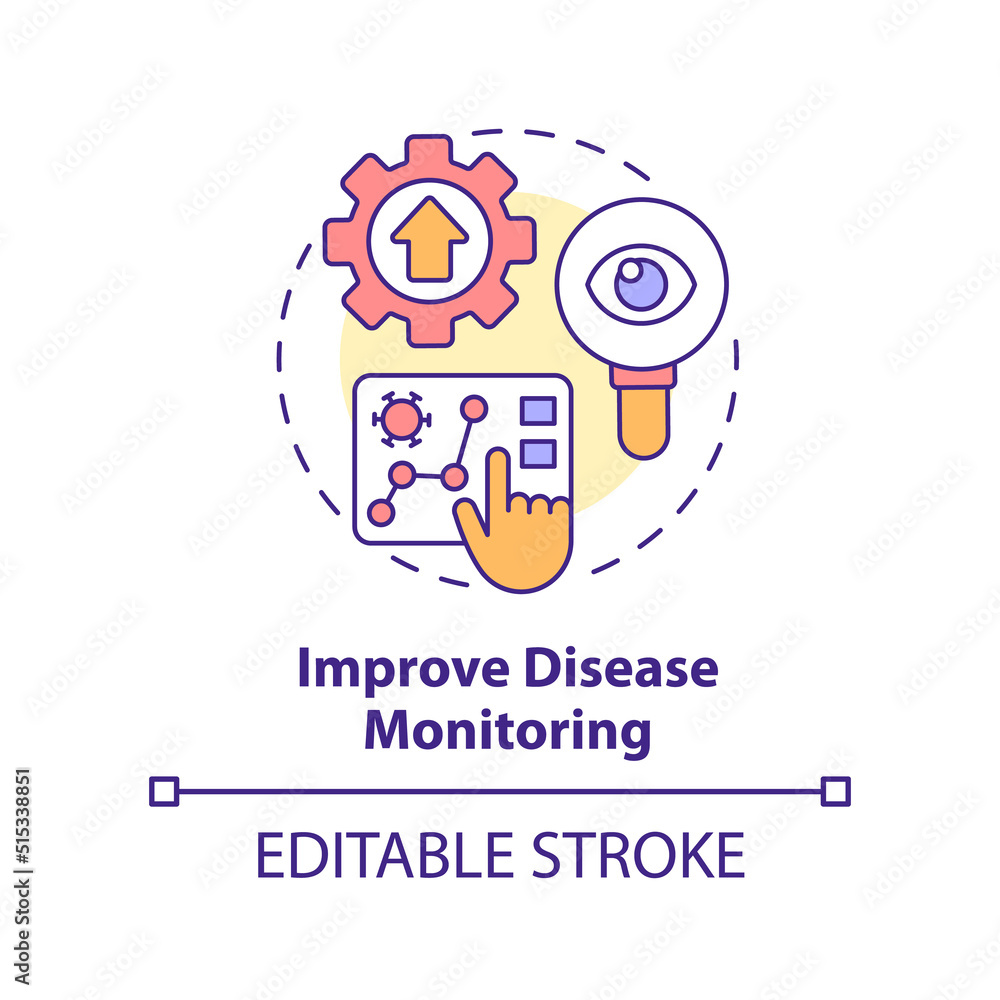 Improve disease monitoring concept icon. Illness surveillance. Pandemic prevention abstract idea thin line illustration. Isolated outline drawing. Editable stroke. Arial, Myriad Pro-Bold fonts used