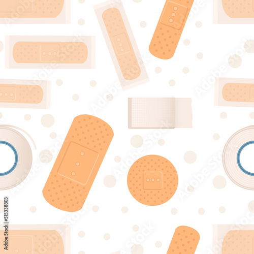 Seamless pattern of medical plaster adhesive bandage for aid of wound vector illustration on white background