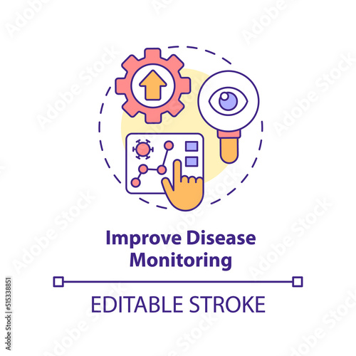 Improve disease monitoring concept icon. Illness surveillance. Pandemic prevention abstract idea thin line illustration. Isolated outline drawing. Editable stroke. Arial, Myriad Pro-Bold fonts used