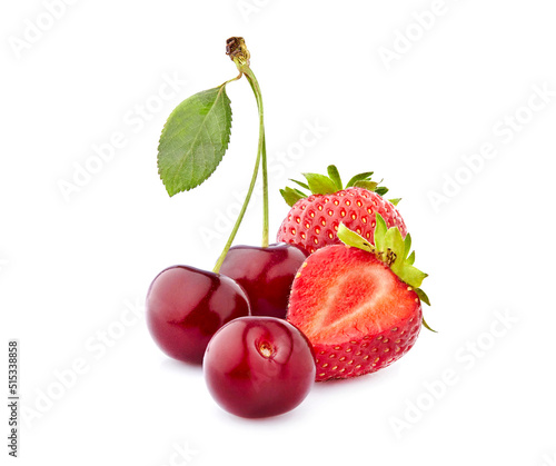 Sweet cherries with strawberries isolated on white background cutout. Ripe berries closeup. Berries assorted.
