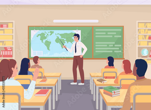 High school geography lesson flat color vector illustration. Teaching-learning process. Teacher with students. Fully editable 2D simple cartoon characters with school environment on background