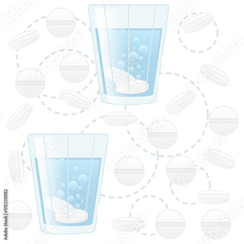 Seamless pattern transparent glass cup with water and soluble medical tablet vector illustration isolated on white background