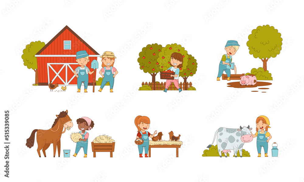 Naklejka premium Cute happy kids working on farm set. Children watering plants, harvesting fruit and caring of animals cartoon vector illustration