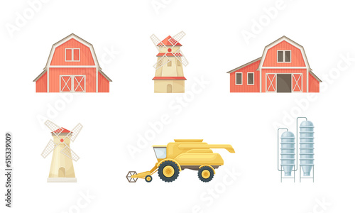 Farm rural buildings and agricultural machines set. Red wooden barn, harvester and windmill cartoon vector illustration