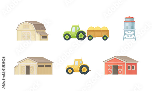 Farm rural buildings and agricultural machines set. Wooden barn, tractor and silo tower cartoon vector illustration