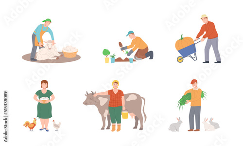 People working on farm set. Farmers shearing sheep, planting seedlings, milking cow cartoon vector illustration