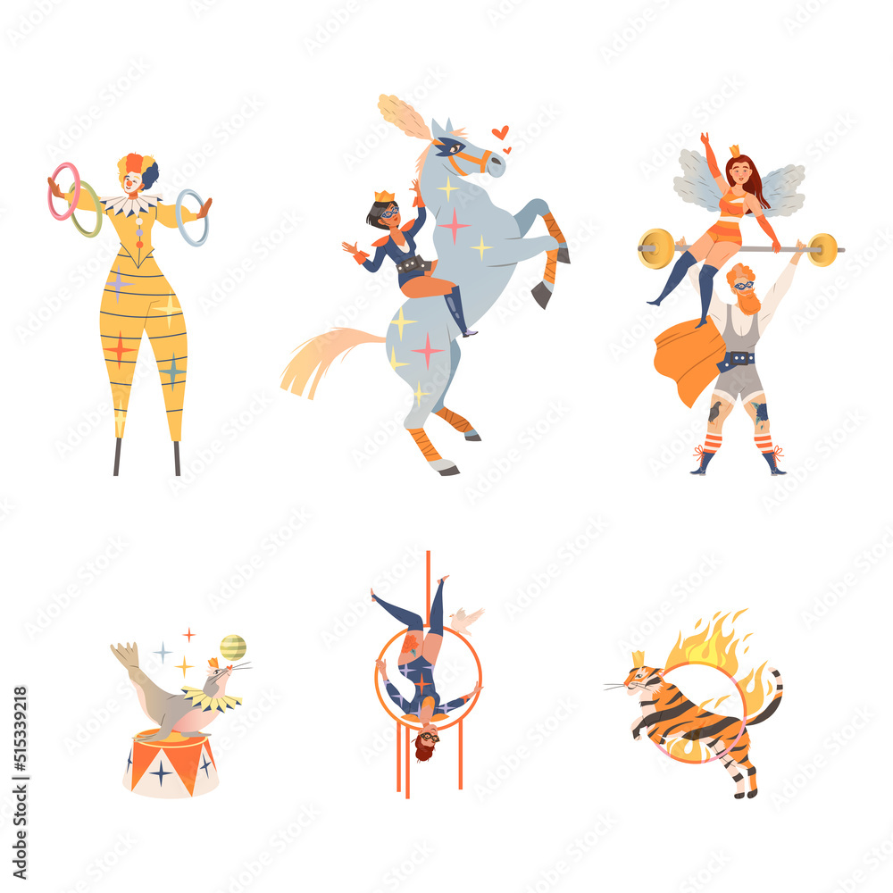 Circus performers performing at show set cartoon vector illustration Circus performers performing at show set cartoon vector illustration