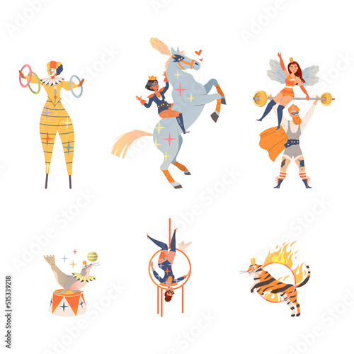 Circus performers performing at show set cartoon vector illustration © Happypictures