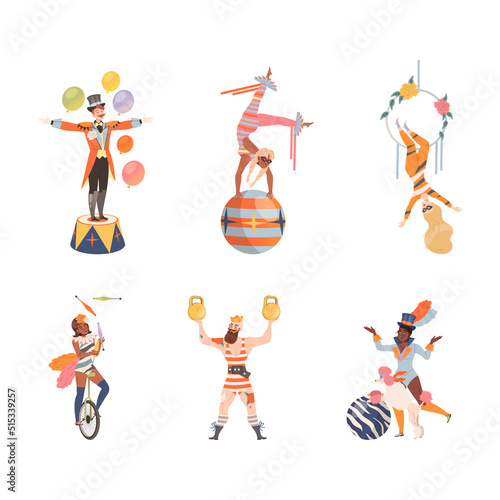 Circus performers performing at show set. Juggler, strongman, acrobat, trainer characters cartoon vector illustration