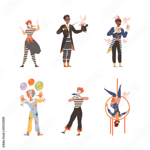 Circus performers performing at show set. Clown, acrobat, mime, magician characters cartoon vector illustration