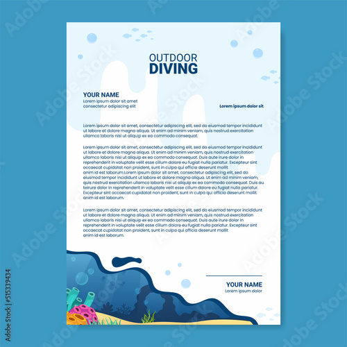 Diving Social Media Letterhead Template Flat Cartoon Background Vector Illustration