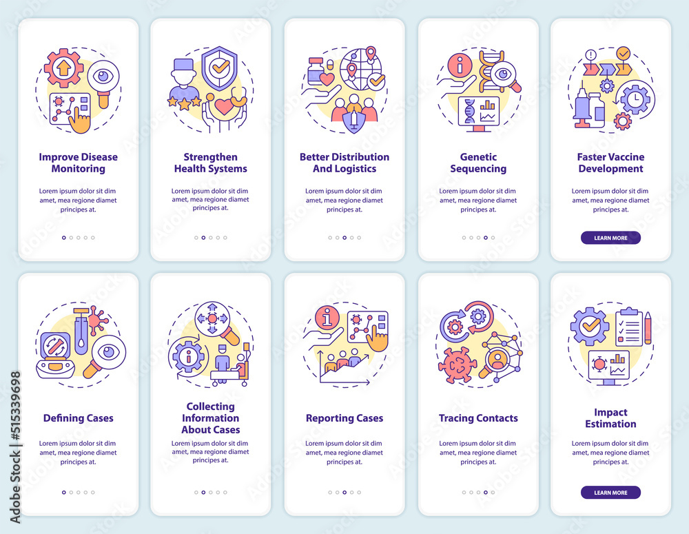 Disease monitoring onboarding mobile app screen set. Walkthrough 5 steps editable graphic instructions with linear concepts. UI, UX, GUI template. Myriad Pro-Bold, Regular fonts used