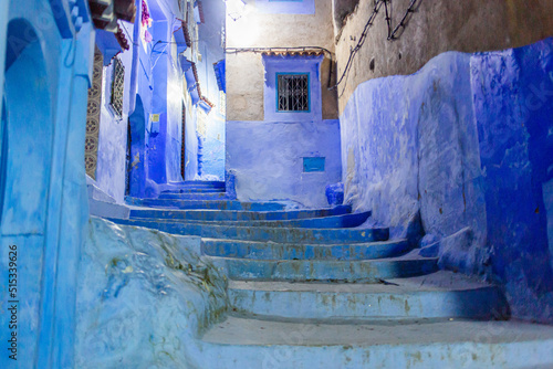 Stairs in the alleys of Chefchaouen by night © Oualid