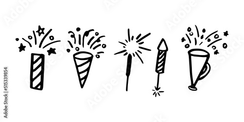 Doodle confetti popper set. Black on white. Vector illustration