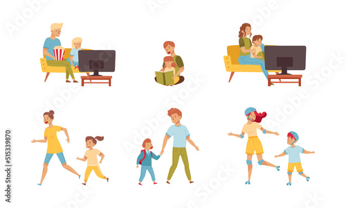 Families having good time together set. Parents and children watching TV, rollerblading, walking and reading books vector illustration