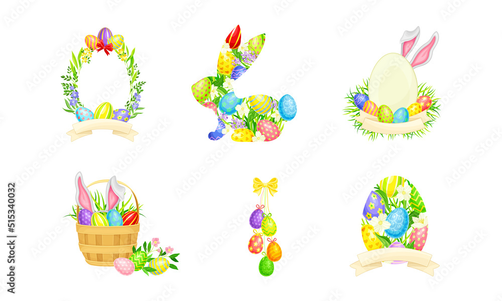 Set of decor elements with colorful Easter eggs vector illustration