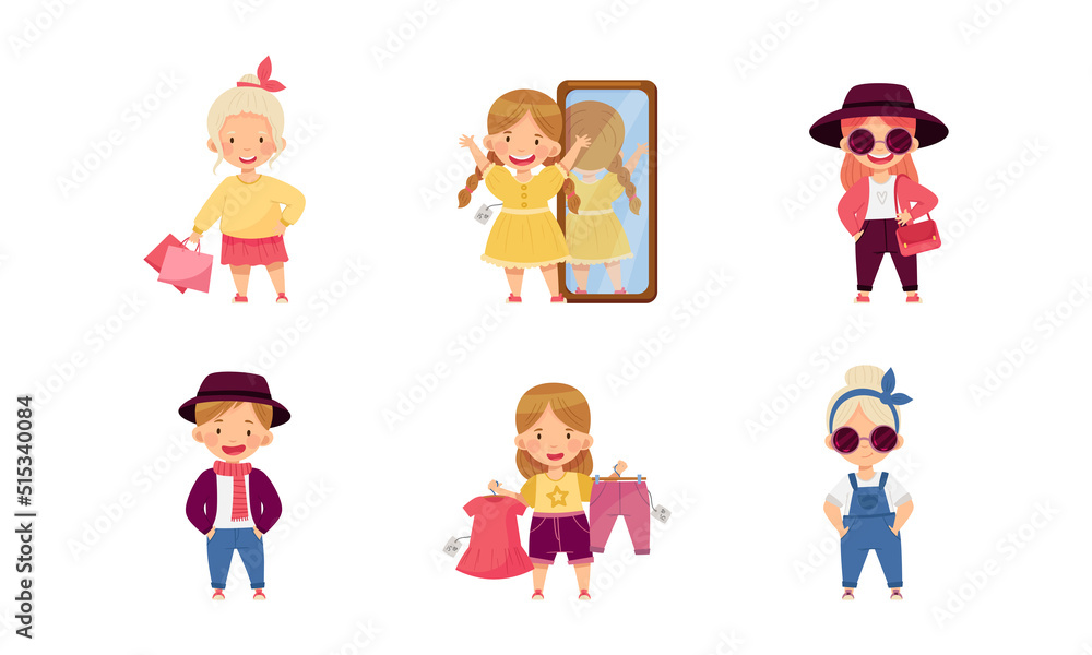 Cute fashionable kids choosing clothes in shop set vector illustration