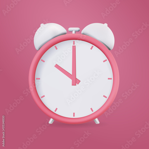 Realistic 3d alarm clock vector with pink color and blank background, vector shape rendering for real objects display. minimal studio room scene