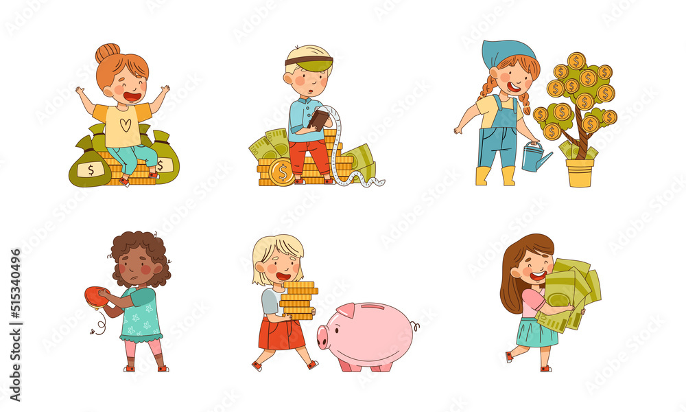 Cute successful business kids set. Rich little children with bundles of money and golden coins vector illustration