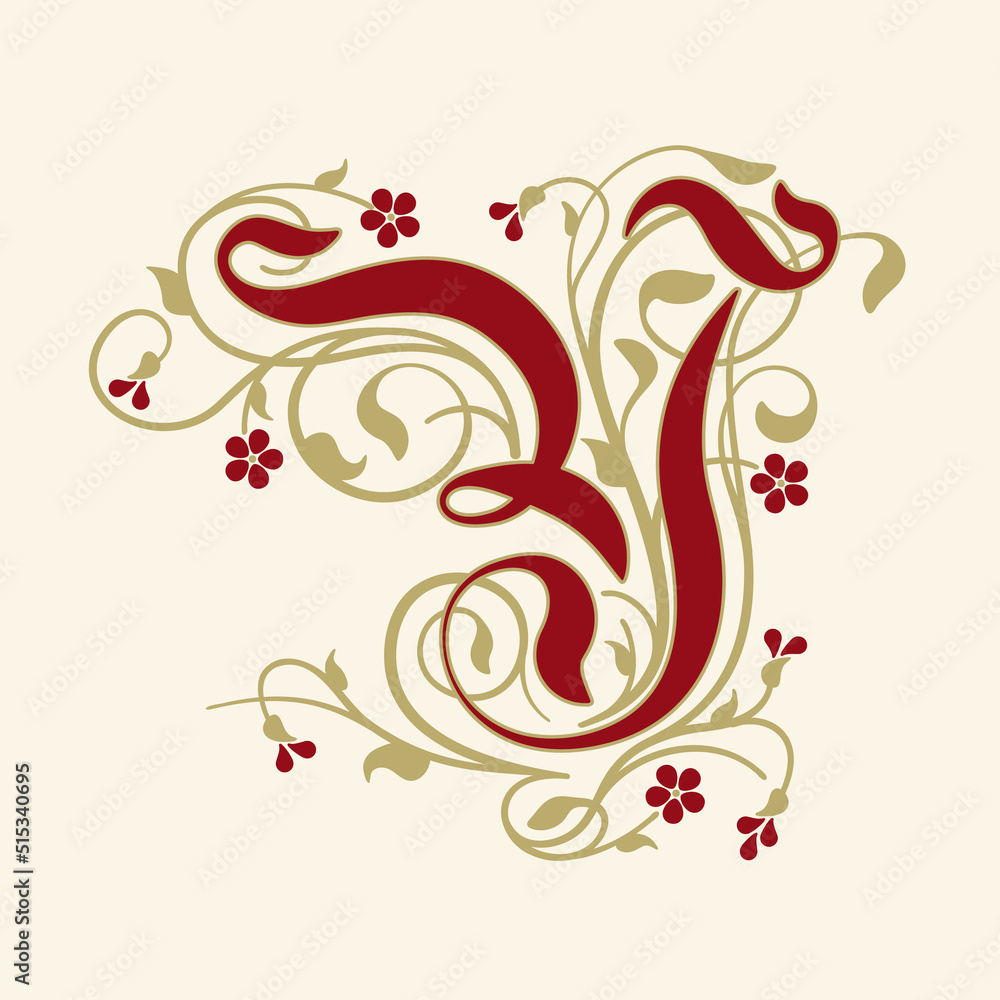 Ornamental Initial Letter Y With Golden Tendrils, Leaves And Small Burgundy Flowers On A Beige Background Ornamental Initial Letter Y With Golden Tendrils, Leaves And Small Burgundy Flowers On A Beige Background