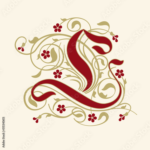 Ornamental Initial Letter L With Golden Tendrils, Leaves  And Small Burgundy Flowers On A Beige Background