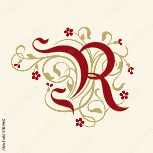 Ornamental Initial Letter R With Golden Tendrils, Leaves  And Small Burgundy Flowers On A Beige Background