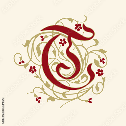 Ornamental Initial Letter T With Golden Tendrils, Leaves  And Small Burgundy Flowers On A Beige Background