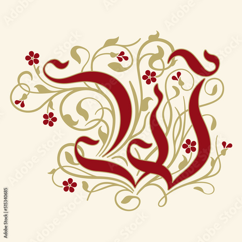 Ornamental Initial Letter W With Golden Tendrils, Leaves  And Small Burgundy Flowers On A Beige Background