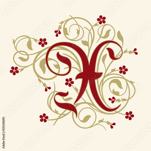 Ornamental Initial Letter X With Golden Tendrils, Leaves  And Small Burgundy Flowers On A Beige Background