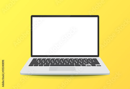 3D, laptop with blank white screen isolated on yellow background. Vector illustration.