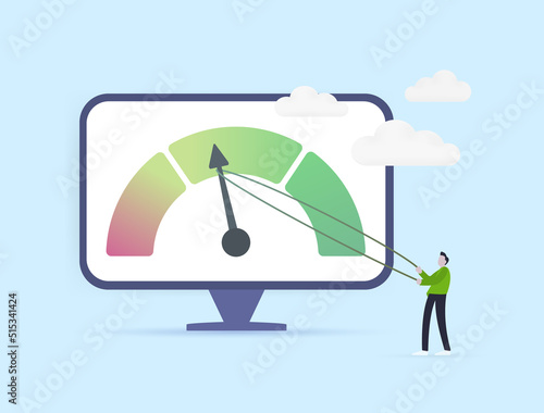 Fear And Greed Index or page loading speed time concept. Emotional on stock or crypto market - volatility trading indicator. Character is trying to move the indicator arrow into the green zone